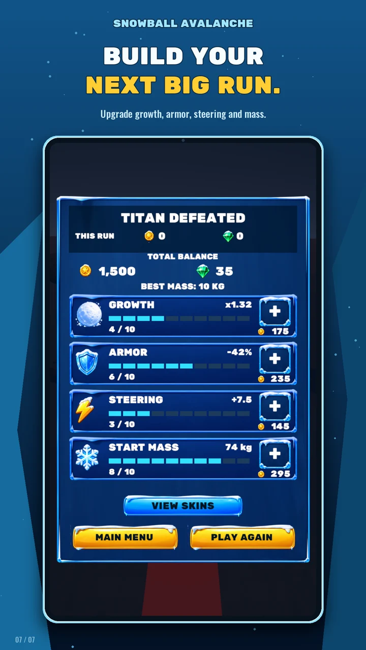 Upgrade growth, armor, steering and starting mass