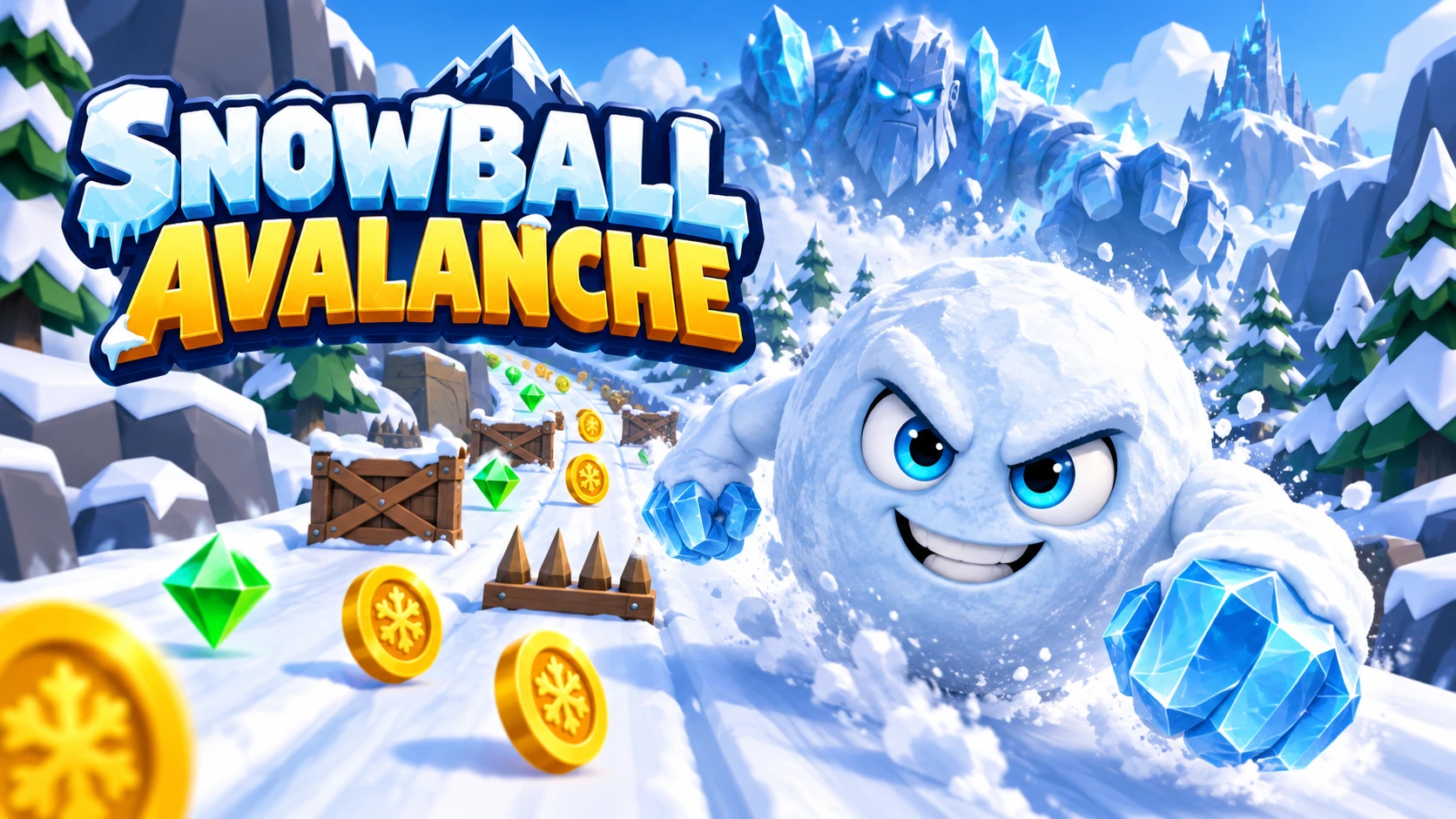 Snowball Avalanche: a snowball hero races through an icy valley with a giant ice titan behind him